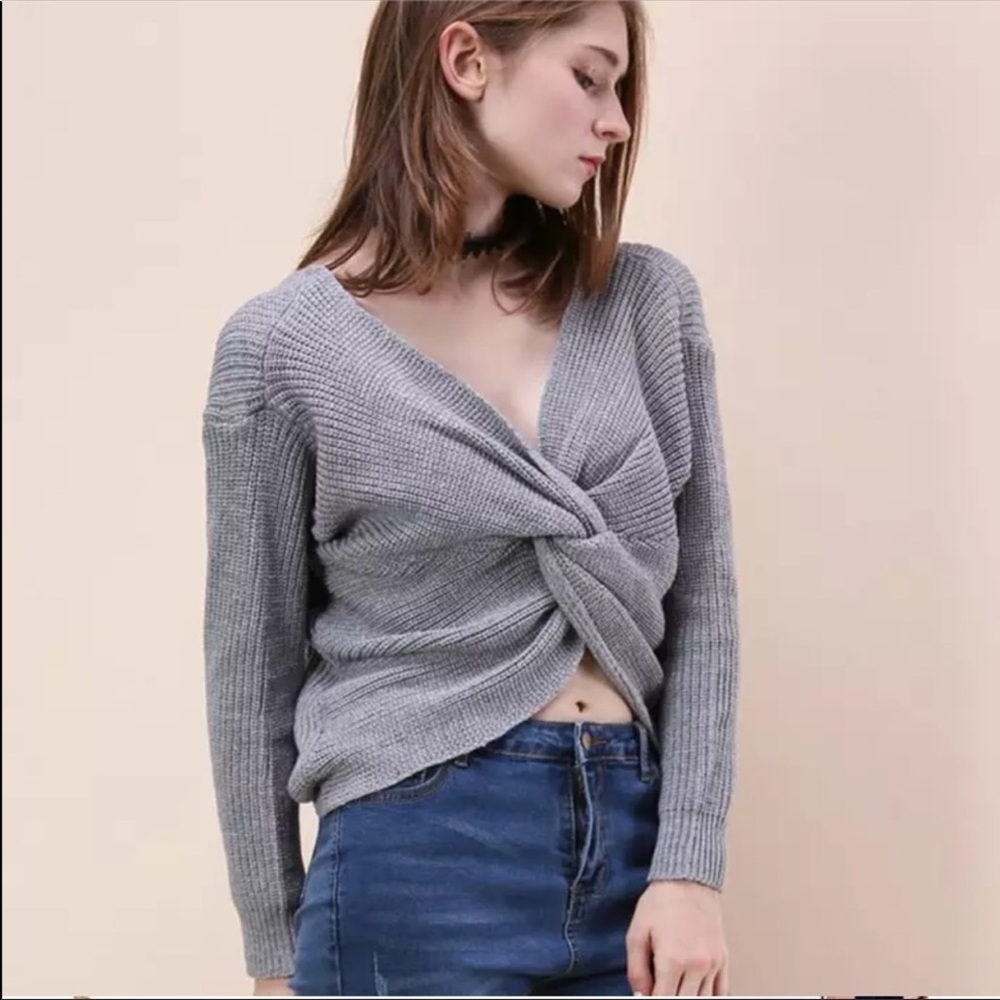1 Left! Twist Knot Back Fall Sweater In Grey - Picture 3 of 6